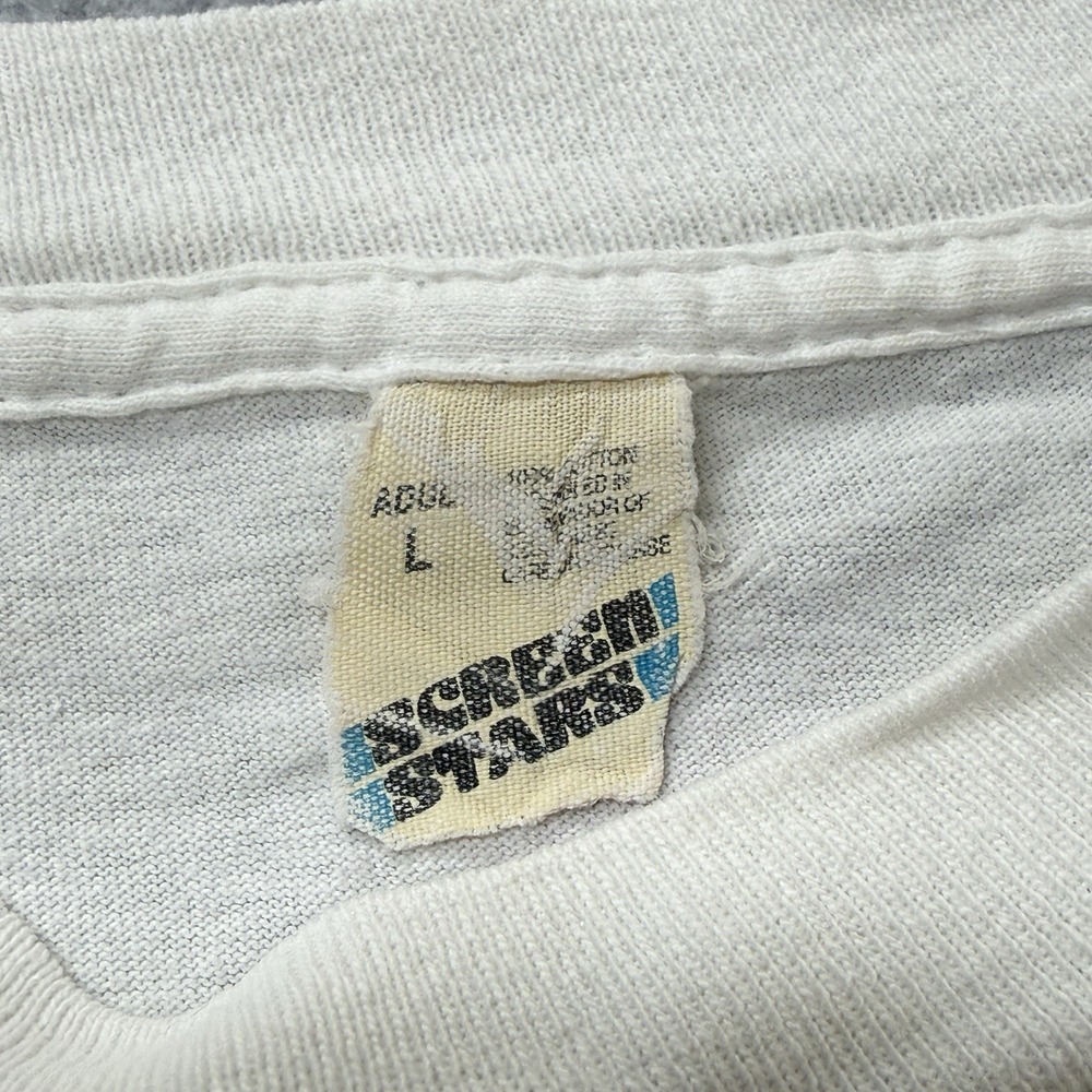 Vintage 80s Screen Stars Blue Stripe Tag Jesus Proverbs 22:1 Single Stitch Tee L - Picture 3 of 8
